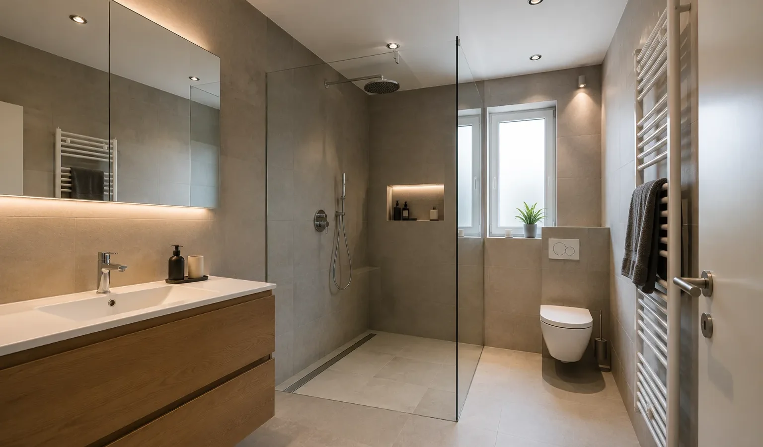 Saniertes Badezimmer mit bodenebener Dusche, Waschtisch und wandhängendem WC