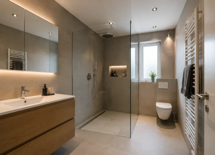 Badsanierung: modernes Bad mit Walk-in-Dusche, Holzwaschtisch und Spiegelschrank