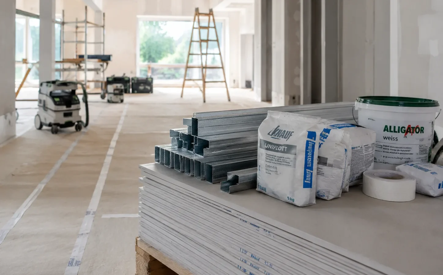 Aufgeräumte Baustelle mit sauber gelagertem Baumaterial im Innenausbau
