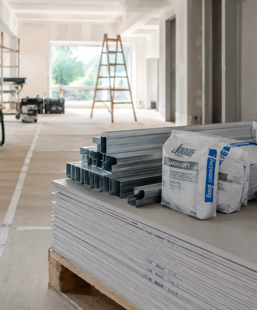 Aufgeräumte Baustelle mit sauber gelagertem Baumaterial im Innenausbau