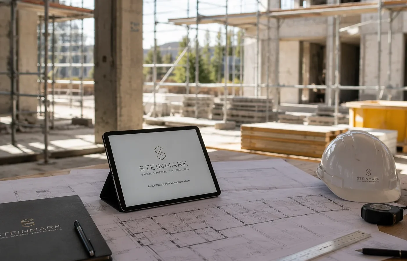 Bauleitung vor Ort: Ausführungspläne auf dem Tablet auf einer Baustelle