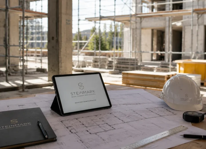Bauleitung vor Ort: Ausführungspläne auf dem Tablet auf einer Baustelle