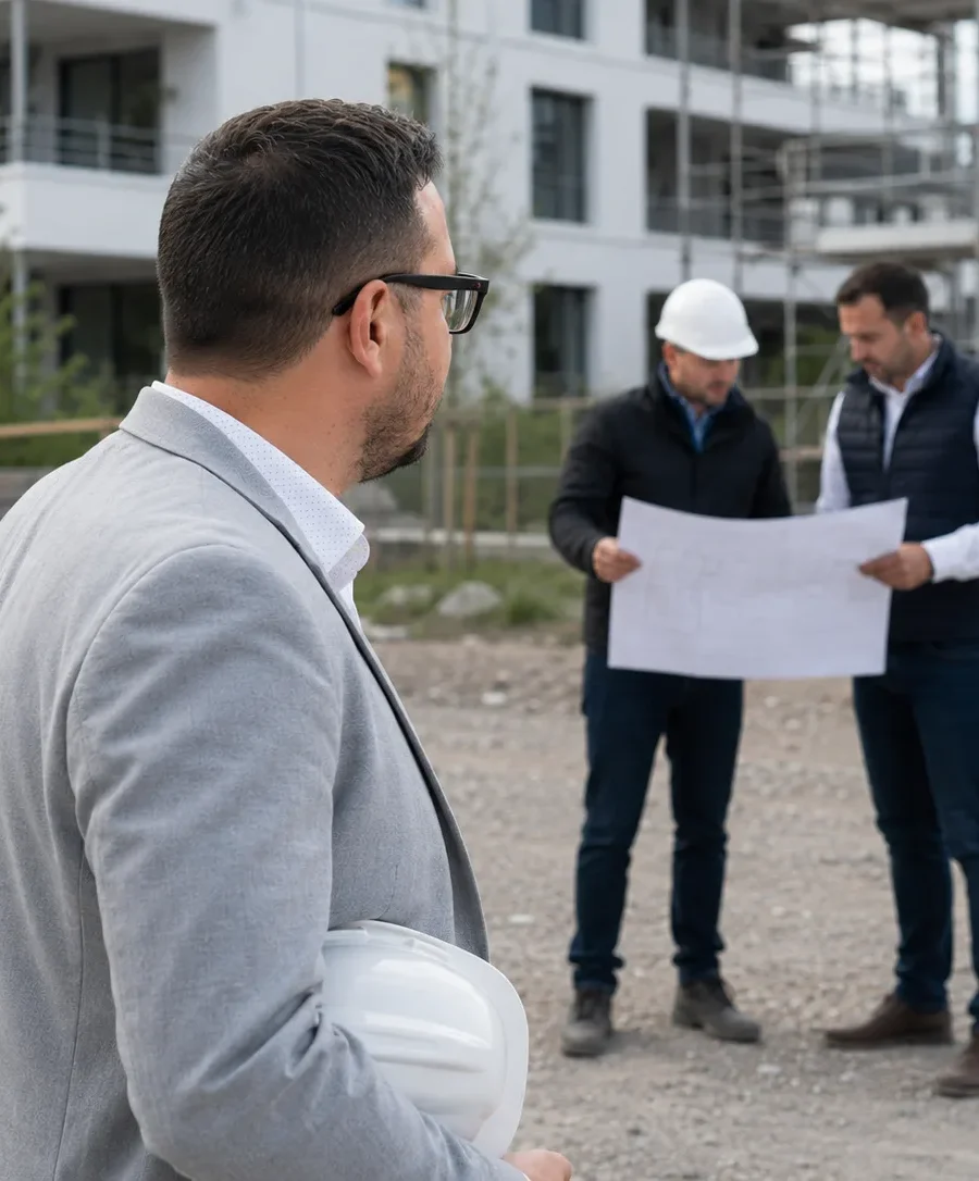 Bauleiter bei der Planbesprechung mit Handwerkern auf der Baustelle