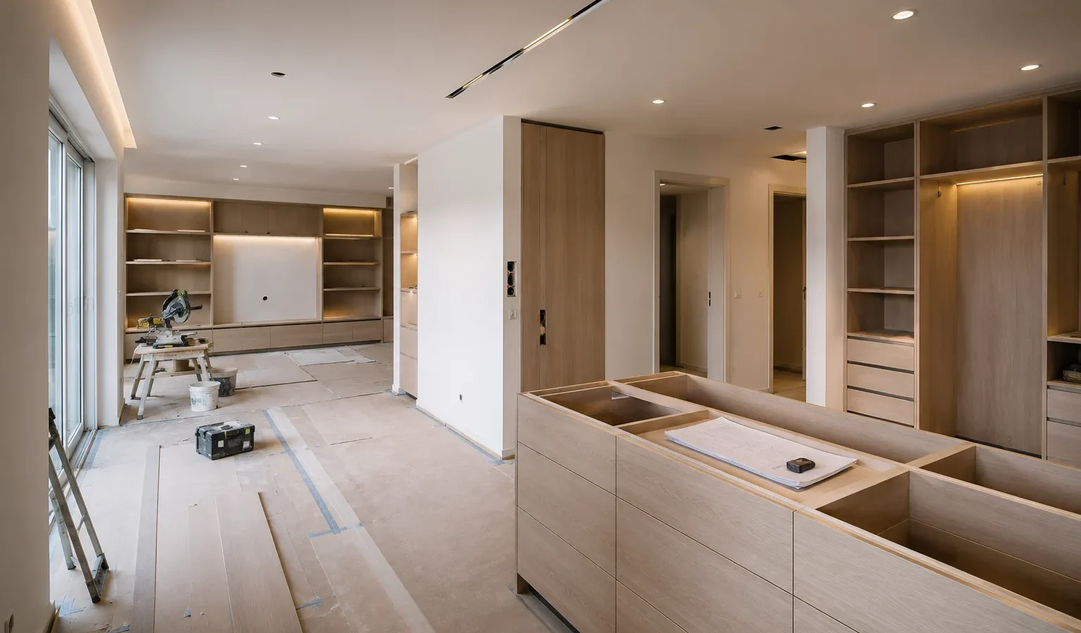 Innenausbau einer Wohnung mit neuen Trockenbauwänden und Einbauten