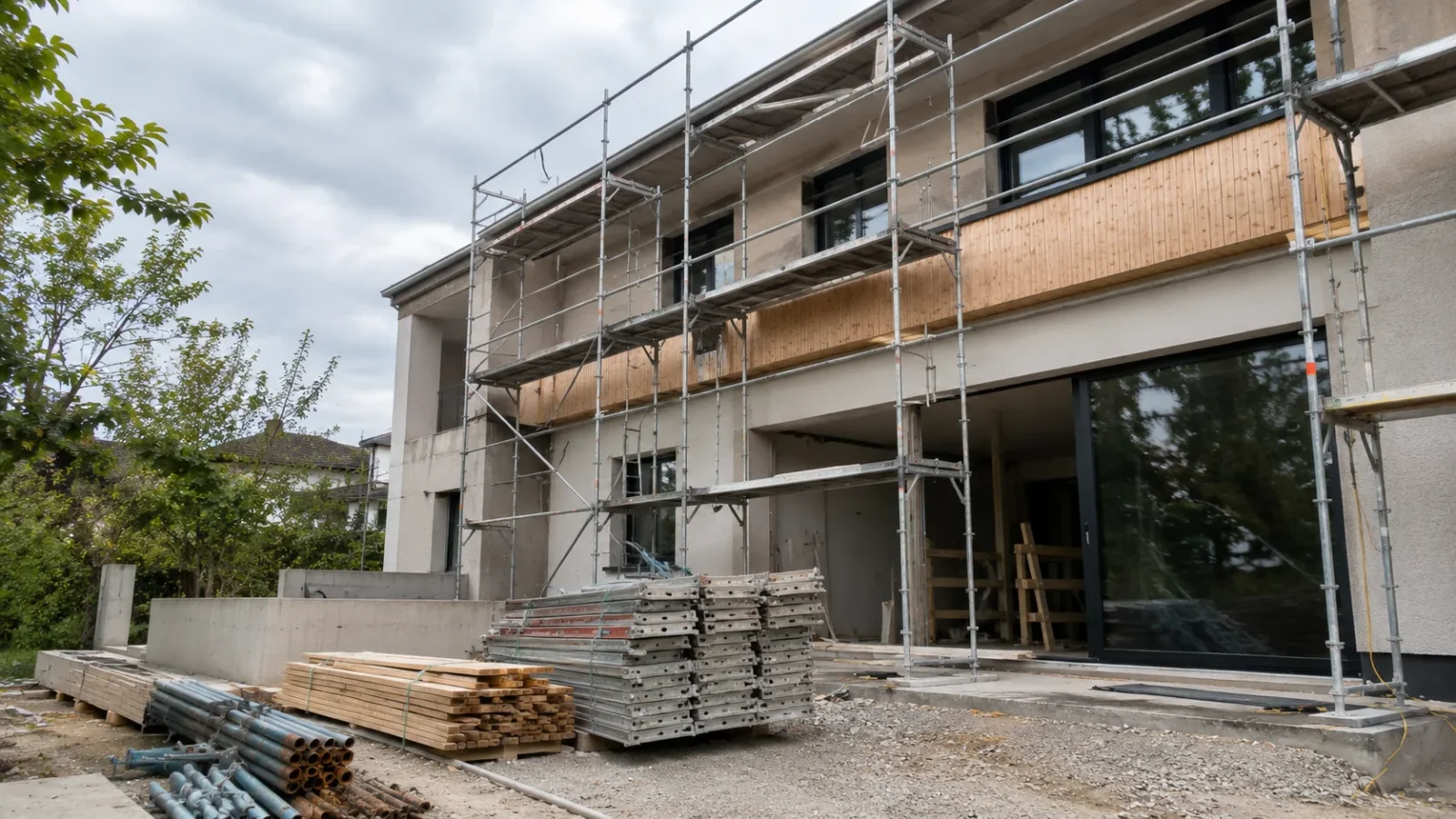 Rohbau mit Gerüst und bereitgestelltem Baumaterial