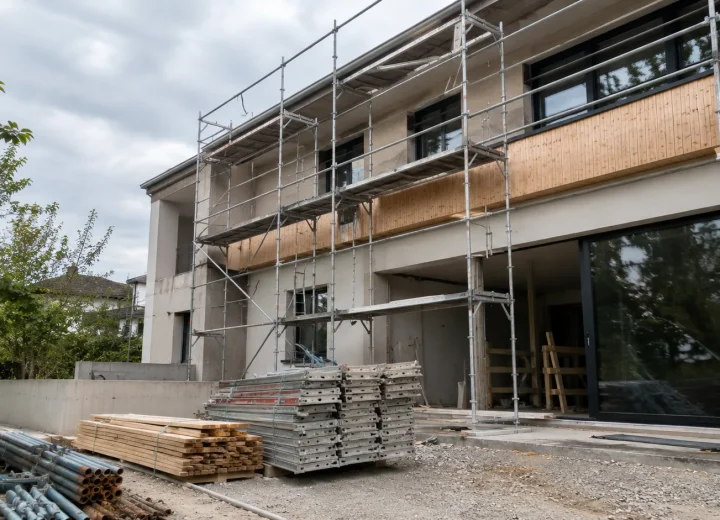 Rohbau mit Gerüst und bereitgestelltem Baumaterial